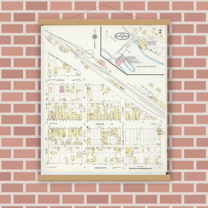 Old map wall art mockup — magnetic wood frame on brick wall — Sanborn Fire Insurance Map from Crystal Falls, Iron County, Michigan (1914), Sheet #0002