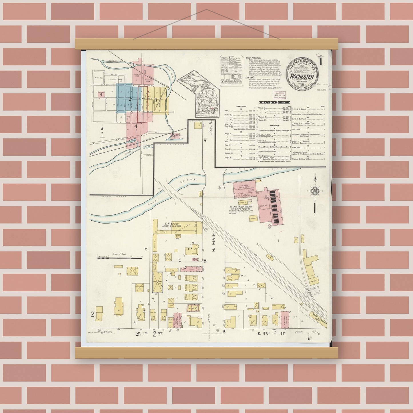 Old map wall art mockup — magnetic wood frame on brick wall — Sanborn Fire Insurance Map from Rochester, Oakland County, Michigan (1916) - Complete Map Set