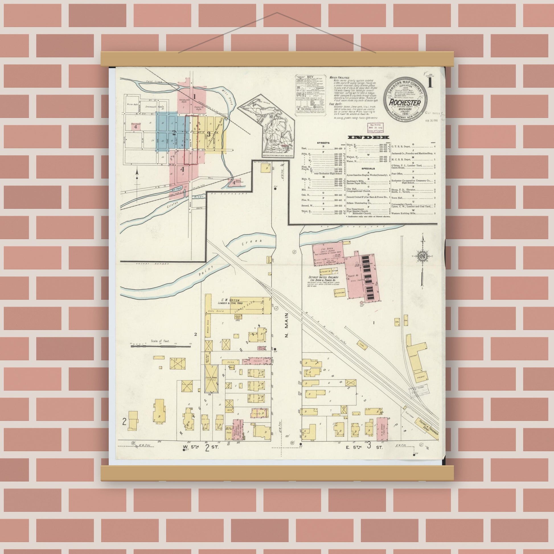 Old map wall art mockup — magnetic wood frame on brick wall — Sanborn Fire Insurance Map from Rochester, Oakland County, Michigan (1916) - Complete Map Set
