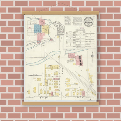 Old map wall art mockup — magnetic wood frame on brick wall — Sanborn Fire Insurance Map from Rochester, Oakland County, Michigan (1916) - Complete Map Set