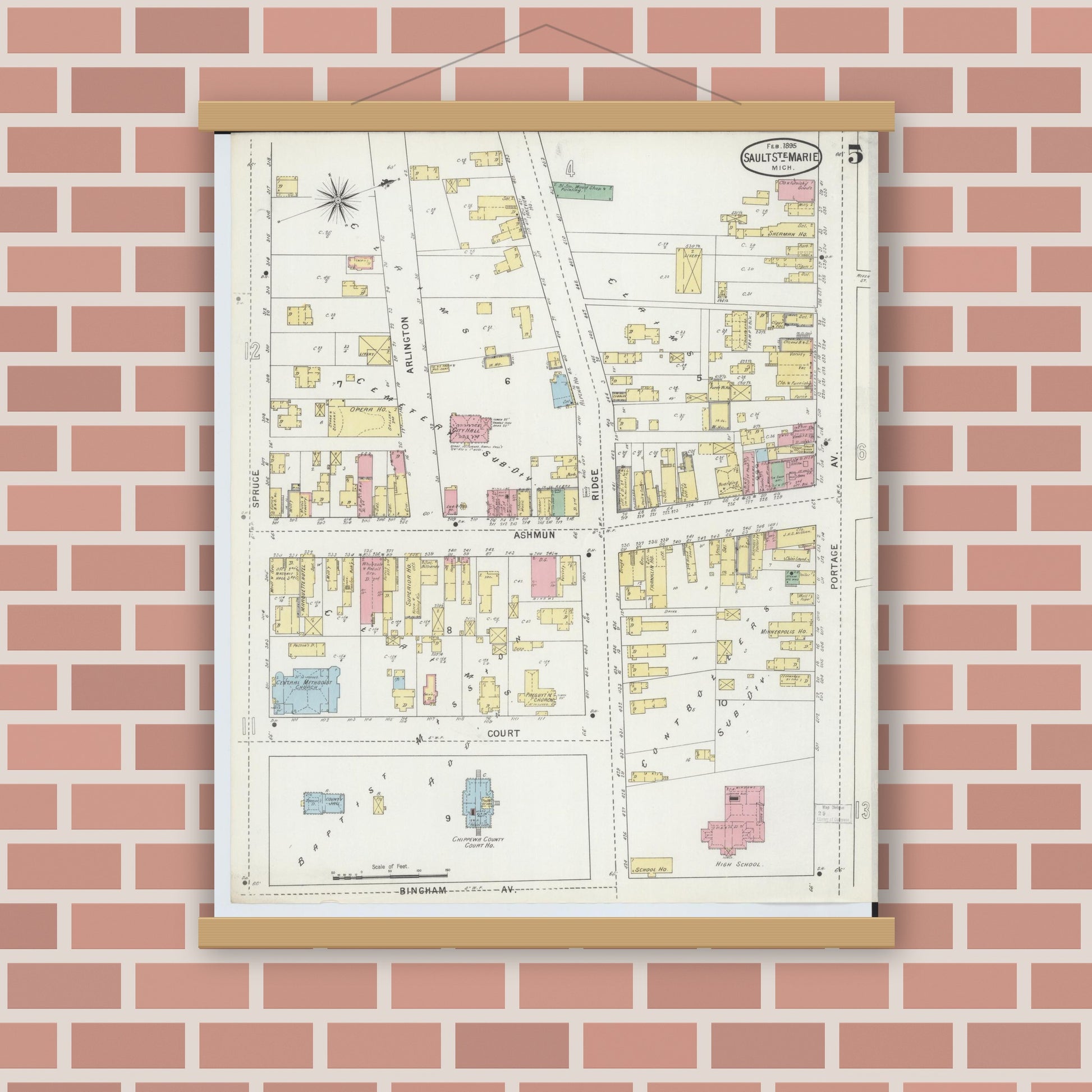 Old map wall art mockup — magnetic wood frame on brick wall — Sanborn Fire Insurance Map from Sault Sainte Marie, Chippewa County, Michigan (1895), Sheet #0005