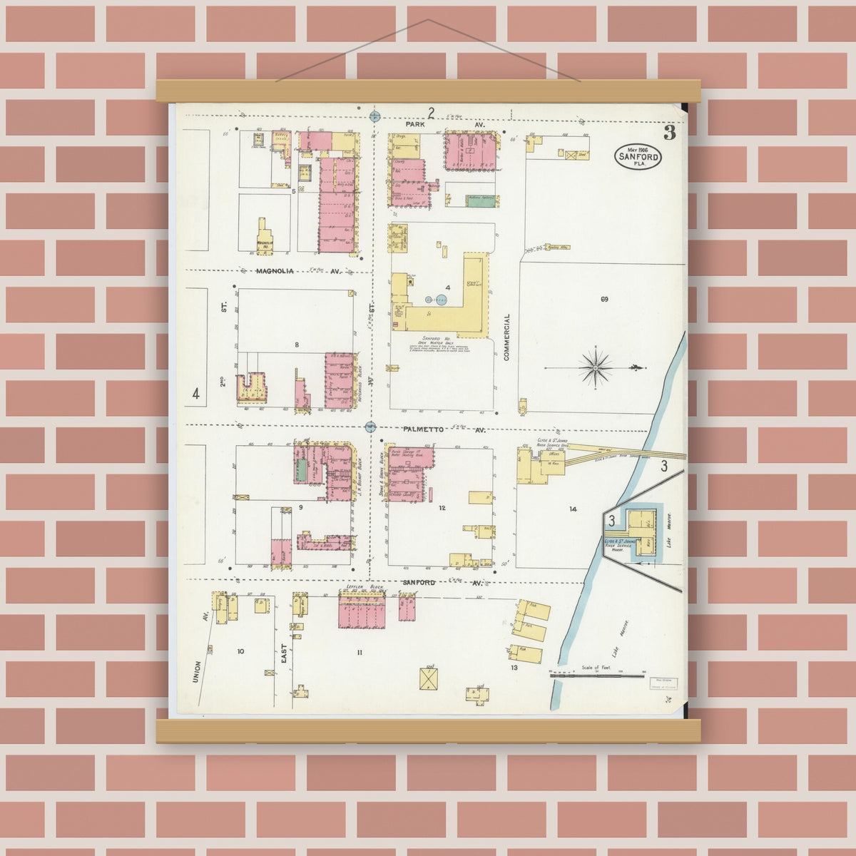 Old map wall art mockup — magnetic wood frame on brick wall — Sanborn Fire Insurance Map from Sanford, Seminole County, Florida (1906), Sheet #0003