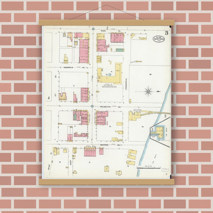 Old map wall art mockup — magnetic wood frame on brick wall — Sanborn Fire Insurance Map from Sanford, Seminole County, Florida (1906), Sheet #0003