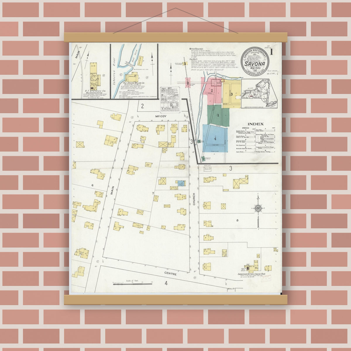 Old map wall art mockup — magnetic wood frame on brick wall — Sanborn Fire Insurance Map from Savona, Steuben County, New York (1915) - Complete Map Set