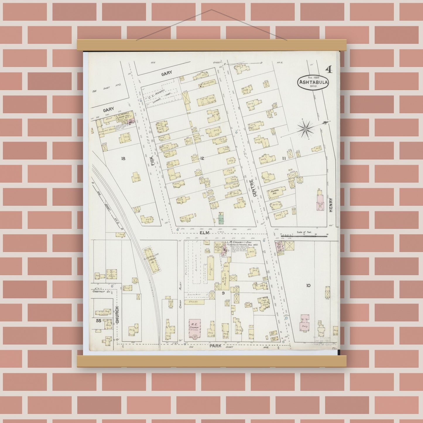 Old map wall art mockup — magnetic wood frame on brick wall — Sanborn Fire Insurance Map from Ashtabula, Ashtabula County, Ohio (1889), Sheet #0004