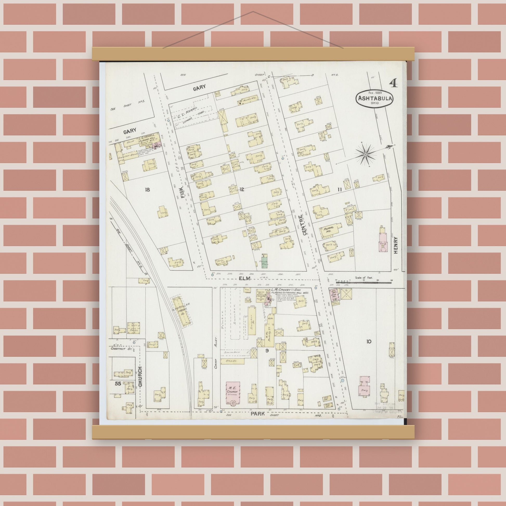 Old map wall art mockup — magnetic wood frame on brick wall — Sanborn Fire Insurance Map from Ashtabula, Ashtabula County, Ohio (1889), Sheet #0004