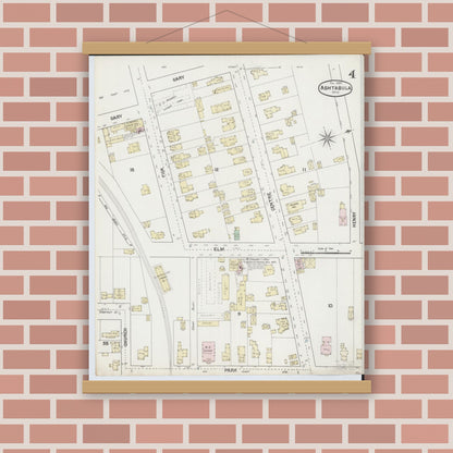 Old map wall art mockup — magnetic wood frame on brick wall — Sanborn Fire Insurance Map from Ashtabula, Ashtabula County, Ohio (1889), Sheet #0004