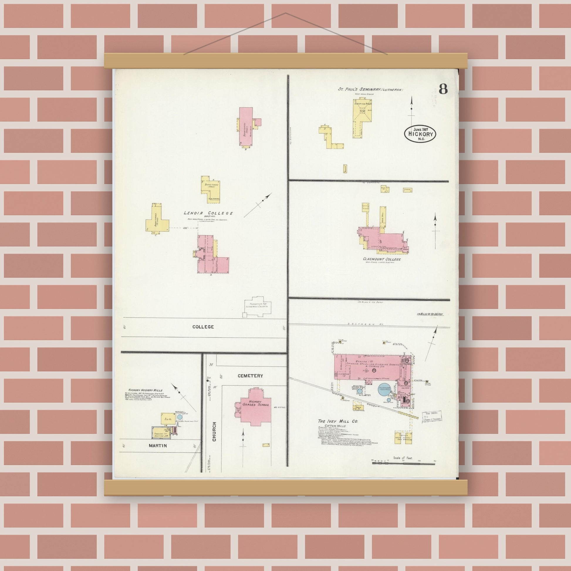 Old map wall art mockup — magnetic wood frame on brick wall — Sanborn Fire Insurance Map from Hickory, Catawba County, North Carolina (1907), Sheet #0008