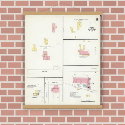 Old map wall art mockup — magnetic wood frame on brick wall — Sanborn Fire Insurance Map from Hickory, Catawba County, North Carolina (1907), Sheet #0008