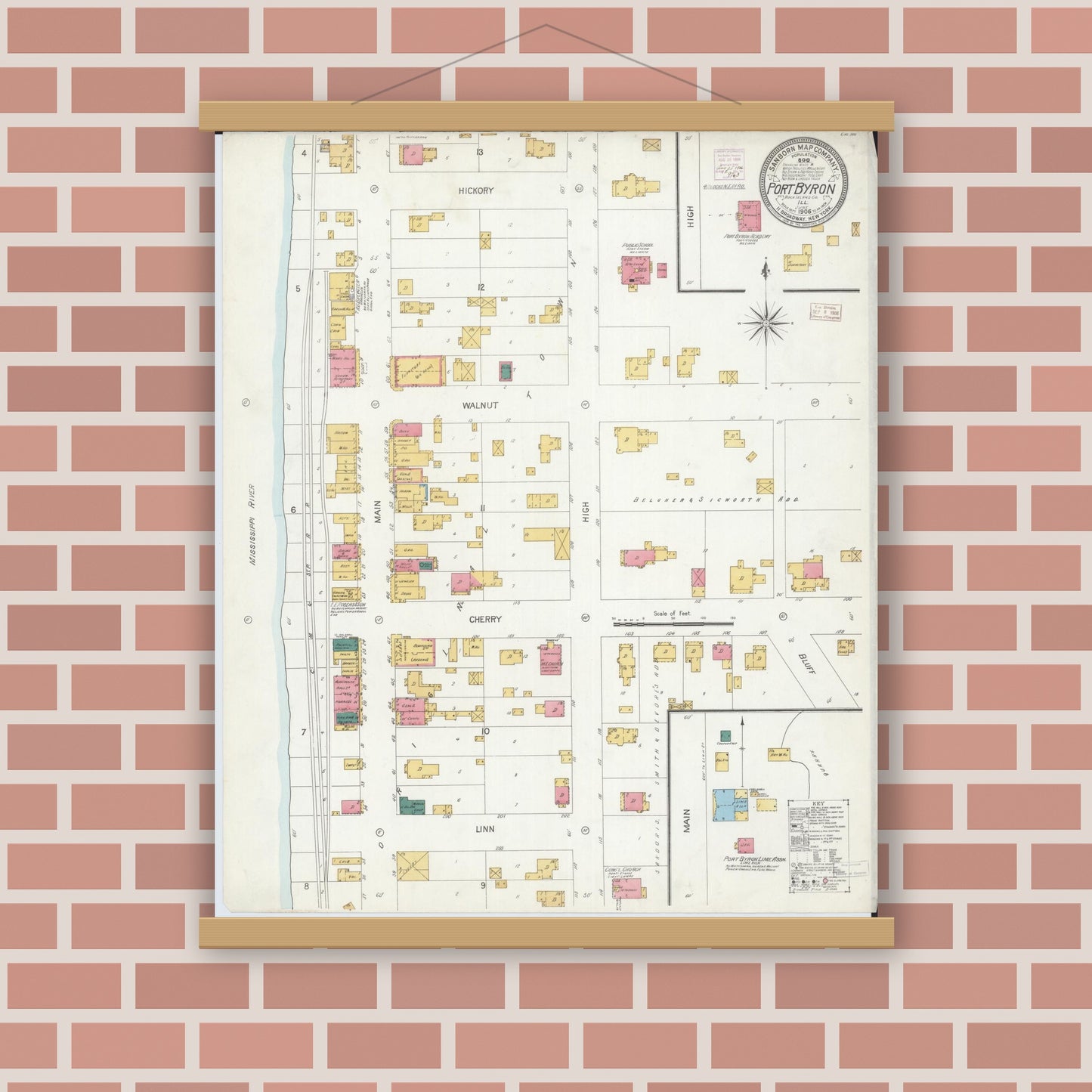 Old map wall art mockup — magnetic wood frame on brick wall — Sanborn Fire Insurance Map from Port Byron, Rock Island County, Illinois (1906), Sheet #0001