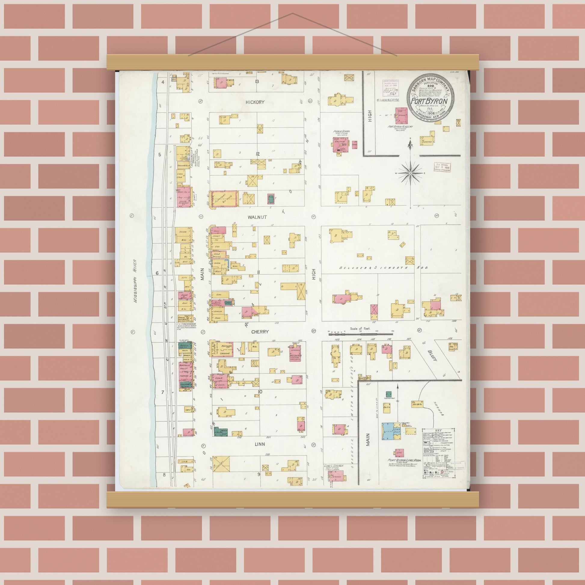Old map wall art mockup — magnetic wood frame on brick wall — Sanborn Fire Insurance Map from Port Byron, Rock Island County, Illinois (1906), Sheet #0001