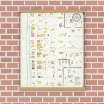 Old map wall art mockup — magnetic wood frame on brick wall — Sanborn Fire Insurance Map from Port Byron, Rock Island County, Illinois (1906), Sheet #0001
