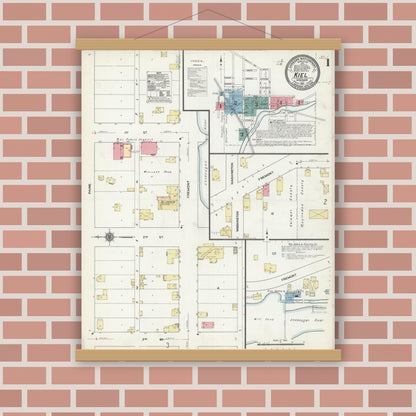 Old map wall art mockup — magnetic wood frame on brick wall — Sanborn Fire Insurance Map from Kiel, Manitowoc and Calumet Counties, Wisconsin (1911), Sheet #0001