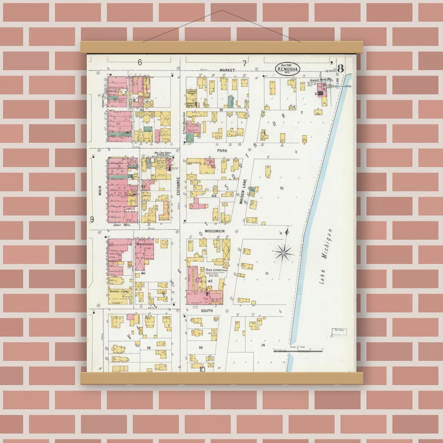 Old map wall art mockup — magnetic wood frame on brick wall — Sanborn Fire Insurance Map from Kenosha, Kenosha County, Wisconsin (1900), Sheet #0008