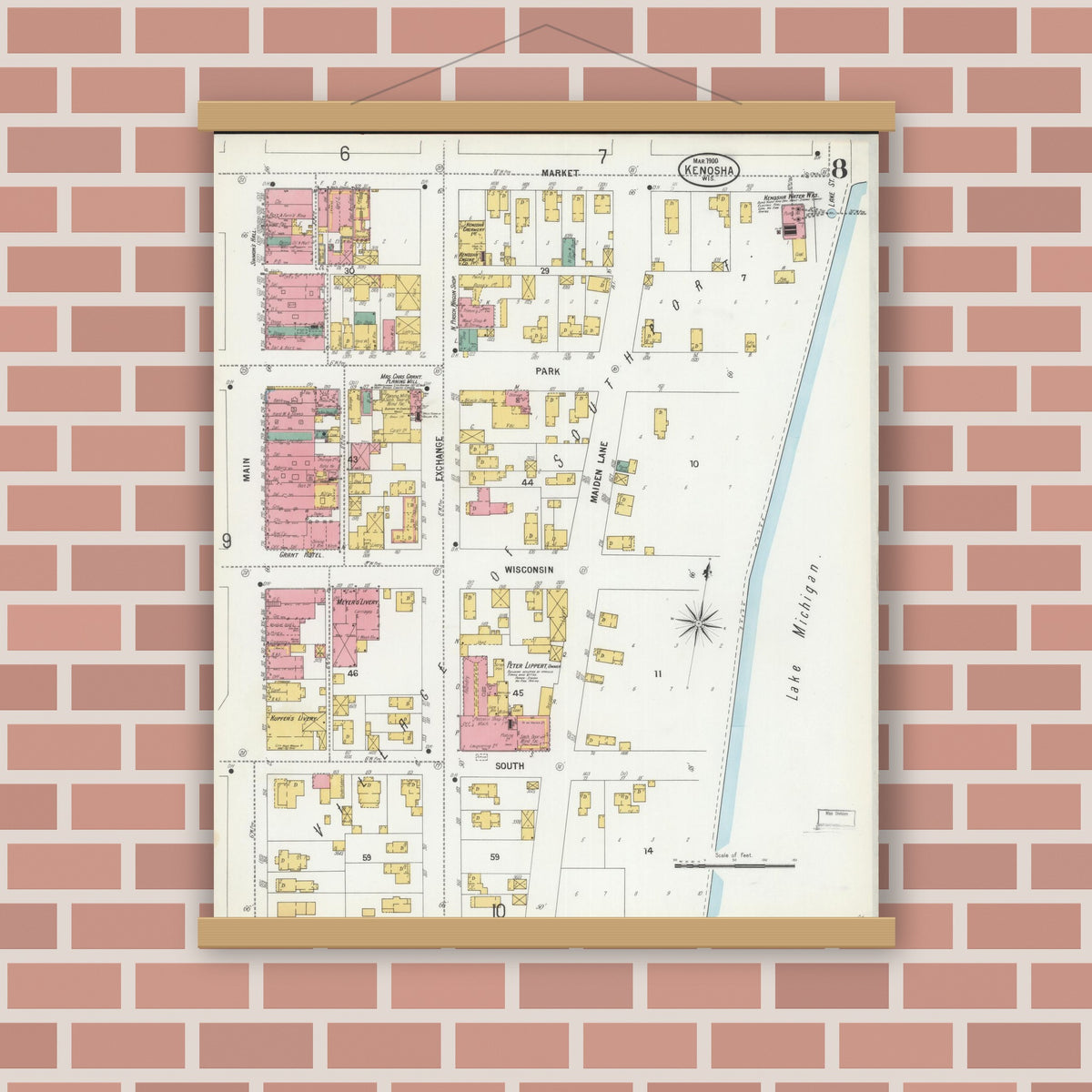 Old map wall art mockup — magnetic wood frame on brick wall — Sanborn Fire Insurance Map from Kenosha, Kenosha County, Wisconsin (1900), Sheet #0008