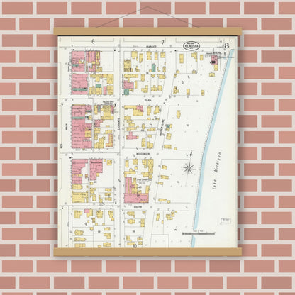 Old map wall art mockup — magnetic wood frame on brick wall — Sanborn Fire Insurance Map from Kenosha, Kenosha County, Wisconsin (1900), Sheet #0008