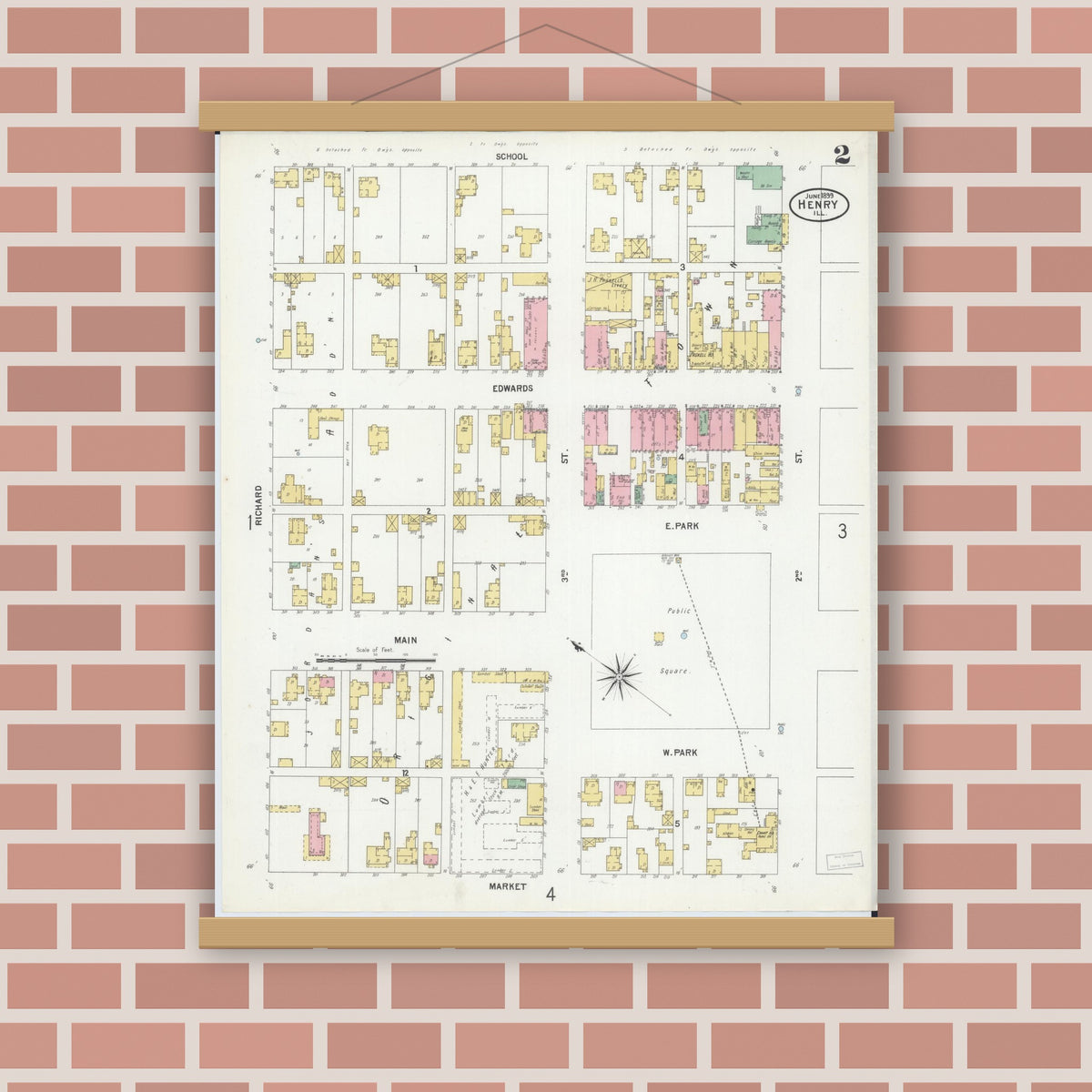 Old map wall art mockup — magnetic wood frame on brick wall — Sanborn Fire Insurance Map from Henry, Marshall County, Illinois (1899), Sheet #0002