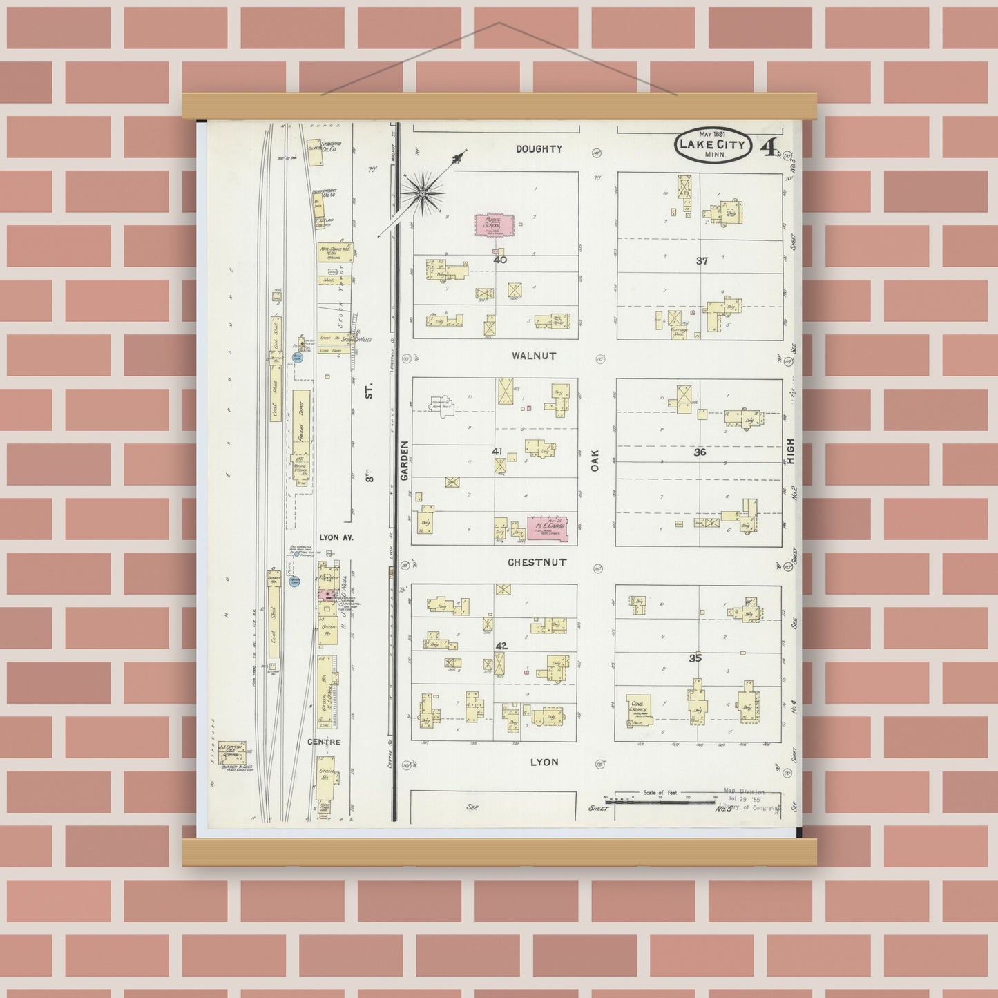 Old map wall art mockup — magnetic wood frame on brick wall — Sanborn Fire Insurance Map from Lake City, Wabasha County, Minnesota (1891), Sheet #0004