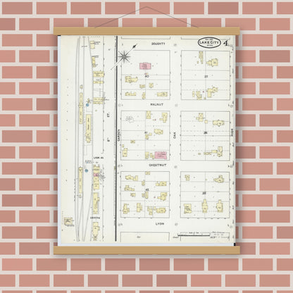 Old map wall art mockup — magnetic wood frame on brick wall — Sanborn Fire Insurance Map from Lake City, Wabasha County, Minnesota (1891), Sheet #0004