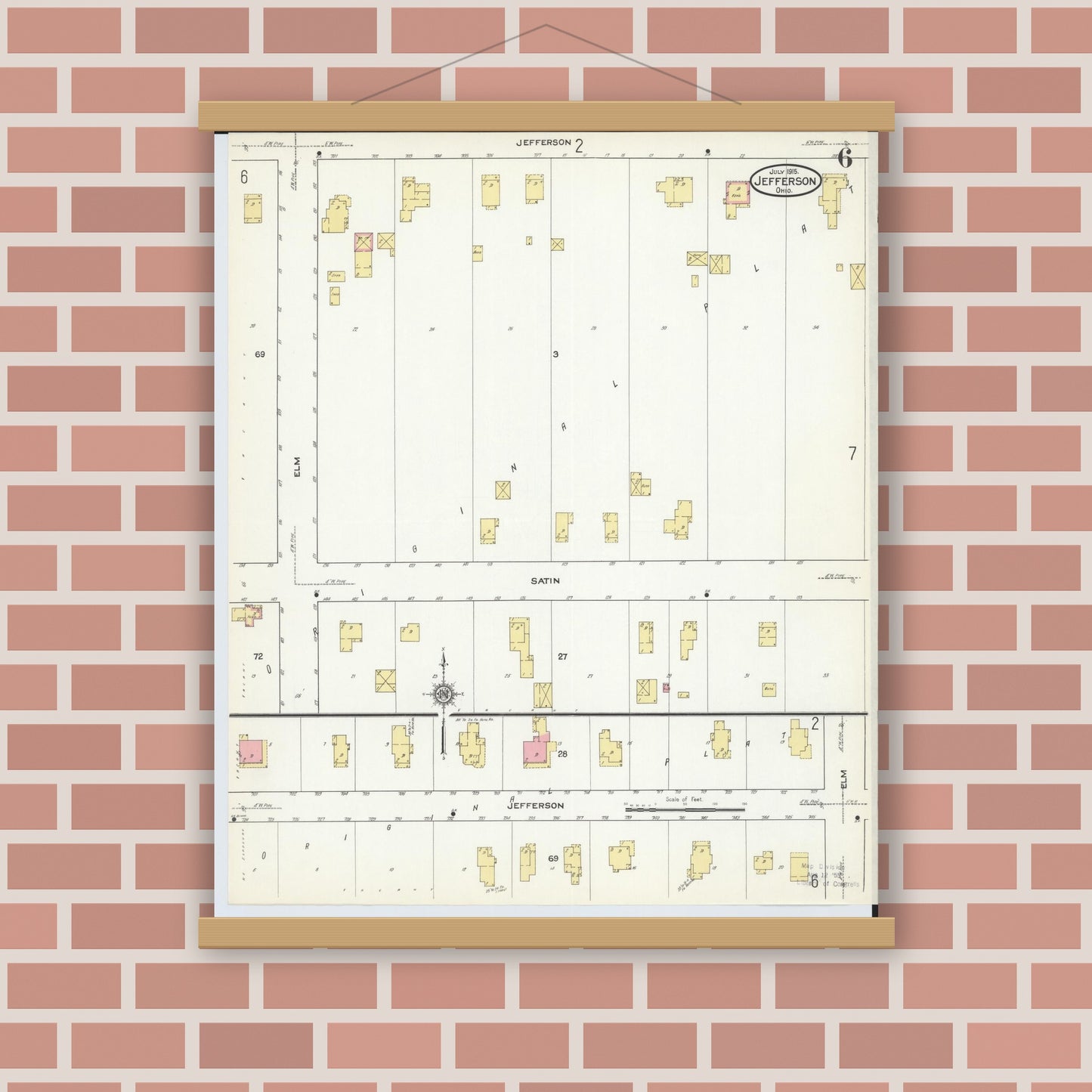 Old map wall art mockup — magnetic wood frame on brick wall — Sanborn Fire Insurance Map from Jefferson, Ashtabula County, Ohio (1915), Sheet #0006