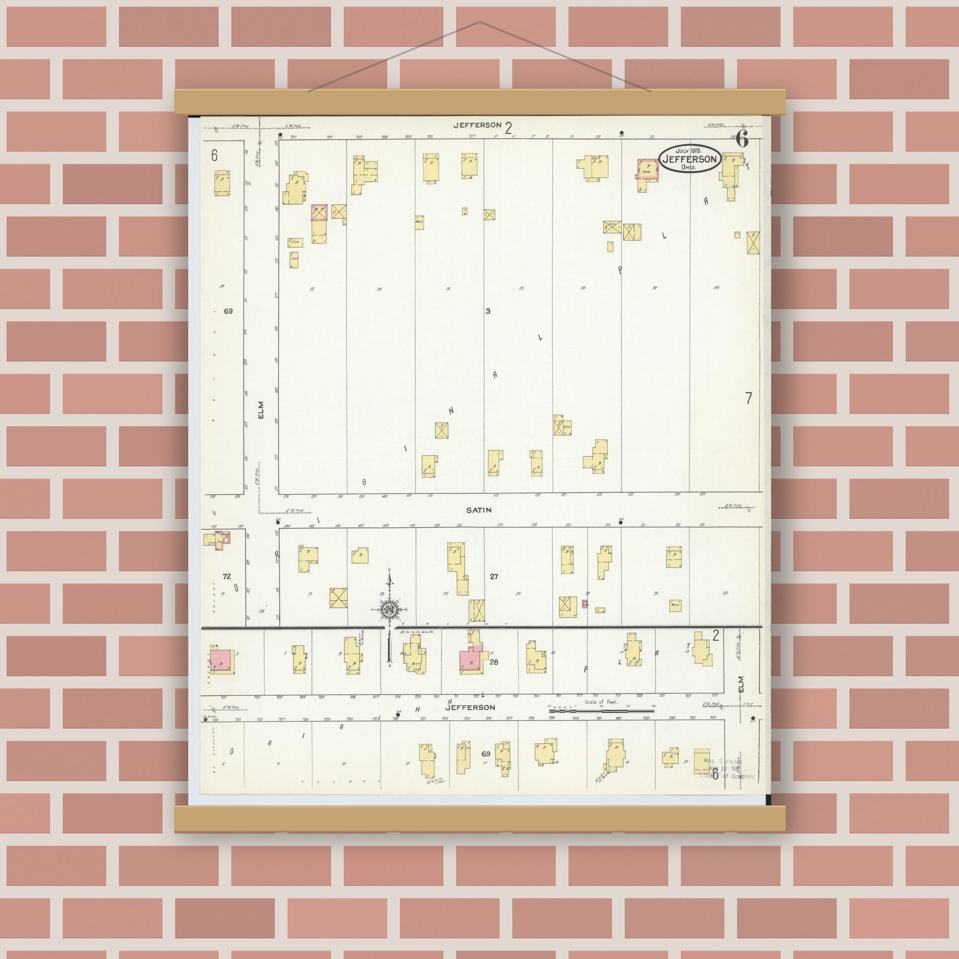 Old map wall art mockup — magnetic wood frame on brick wall — Sanborn Fire Insurance Map from Jefferson, Ashtabula County, Ohio (1915), Sheet #0006