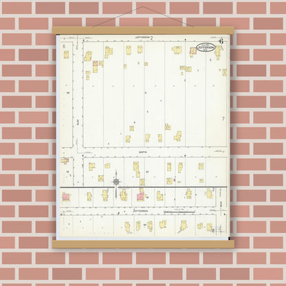 Old map wall art mockup — magnetic wood frame on brick wall — Sanborn Fire Insurance Map from Jefferson, Ashtabula County, Ohio (1915), Sheet #0006