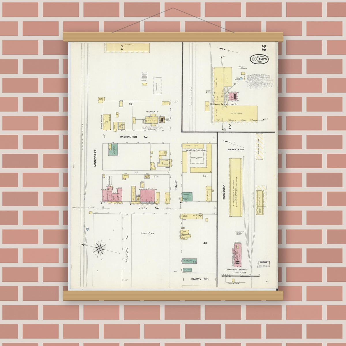 Old map wall art mockup — magnetic wood frame on brick wall — Sanborn Fire Insurance Map from El Campo, Wharton County, Texas (1907), Sheet #0002