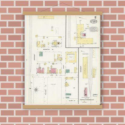 Old map wall art mockup — magnetic wood frame on brick wall — Sanborn Fire Insurance Map from El Campo, Wharton County, Texas (1907), Sheet #0002
