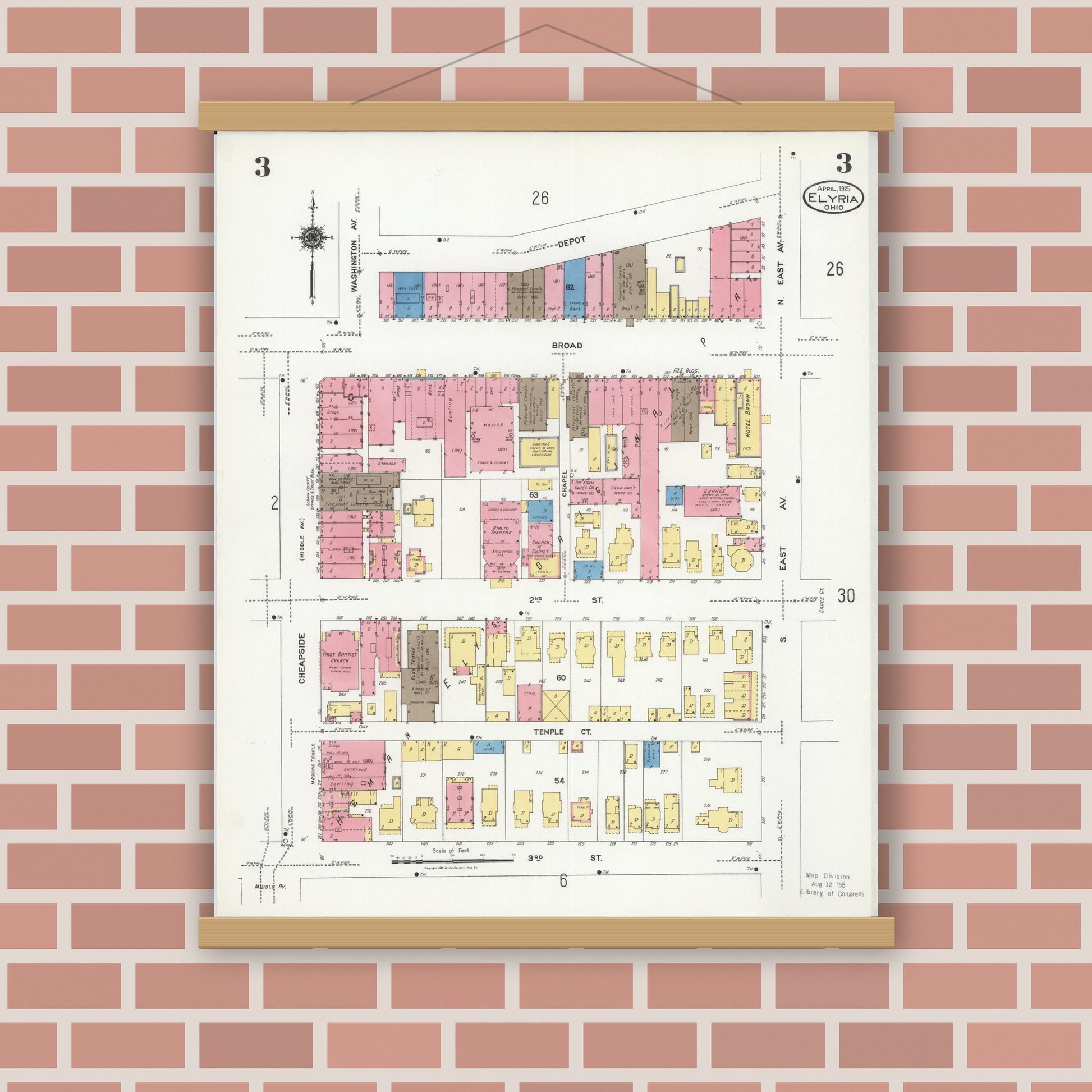 Old map wall art mockup — magnetic wood frame on brick wall — Sanborn Fire Insurance Map from Elyria, Lorain County, Ohio (1925), Sheet #0003