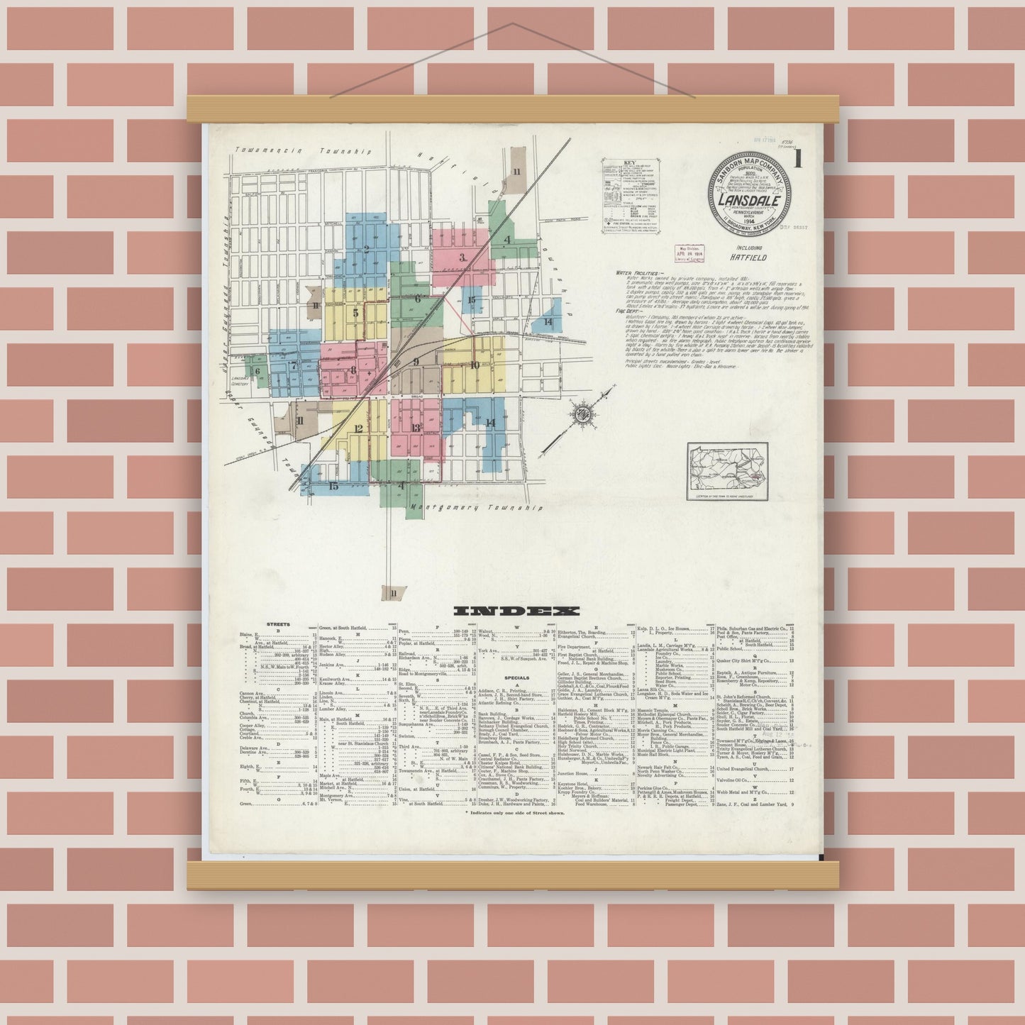 Old map wall art mockup — magnetic wood frame on brick wall — Sanborn Fire Insurance Map from Lansdale, Montgomery County, Pennsylvania (1914) - Complete Map Set
