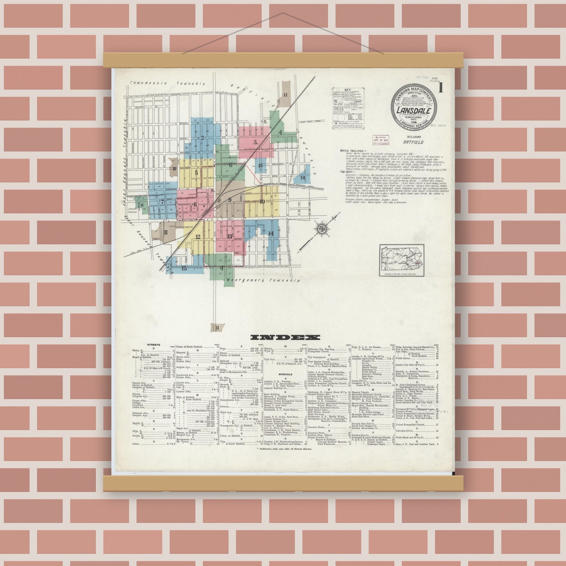 Old map wall art mockup — magnetic wood frame on brick wall — Sanborn Fire Insurance Map from Lansdale, Montgomery County, Pennsylvania (1914) - Complete Map Set