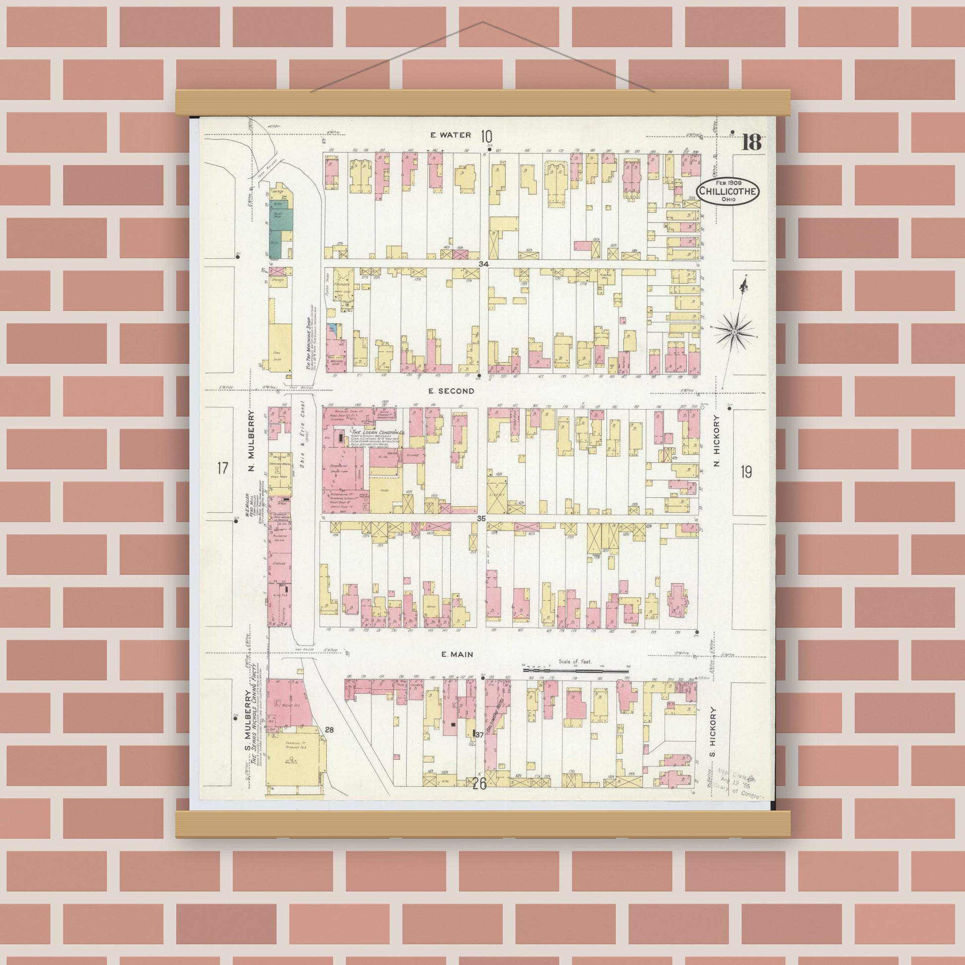 Old map wall art mockup — magnetic wood frame on brick wall — Sanborn Fire Insurance Map from Chillicothe, Ross County, Ohio (1909), Sheet #0018