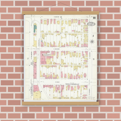Old map wall art mockup — magnetic wood frame on brick wall — Sanborn Fire Insurance Map from Chillicothe, Ross County, Ohio (1909), Sheet #0018