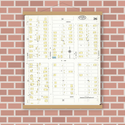 Old map wall art mockup — magnetic wood frame on brick wall — Sanborn Fire Insurance Map from Ottumwa, Wapello County, Iowa (1909), Sheet #0036