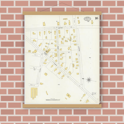 Old map wall art mockup — magnetic wood frame on brick wall — Sanborn Fire Insurance Map from Natick, Middlesex County, Massachusetts (1904), Sheet #0016