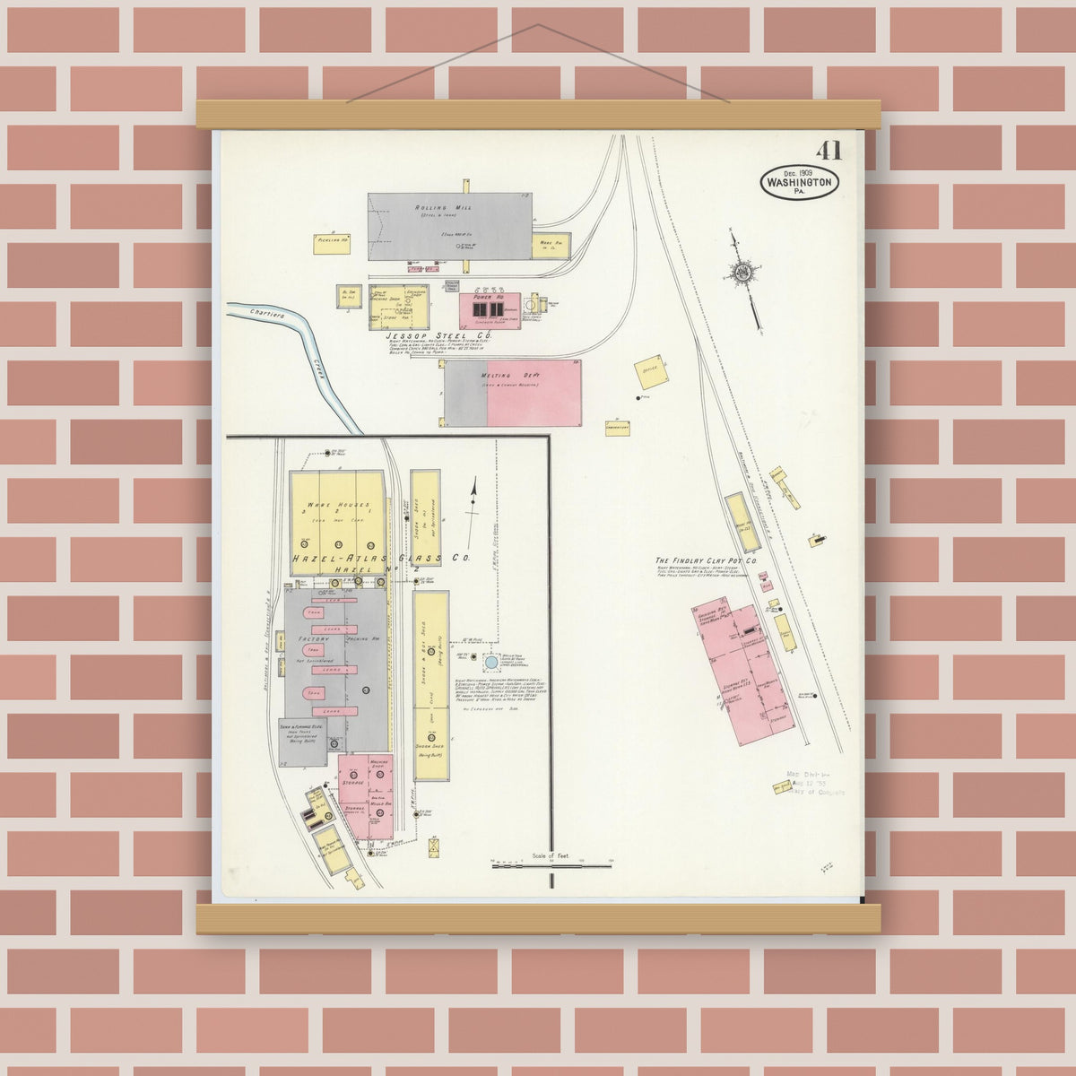 Old map wall art mockup — magnetic wood frame on brick wall — Sanborn Fire Insurance Map from Washington, Washington County, Pennsylvania (1909), Sheet #0041