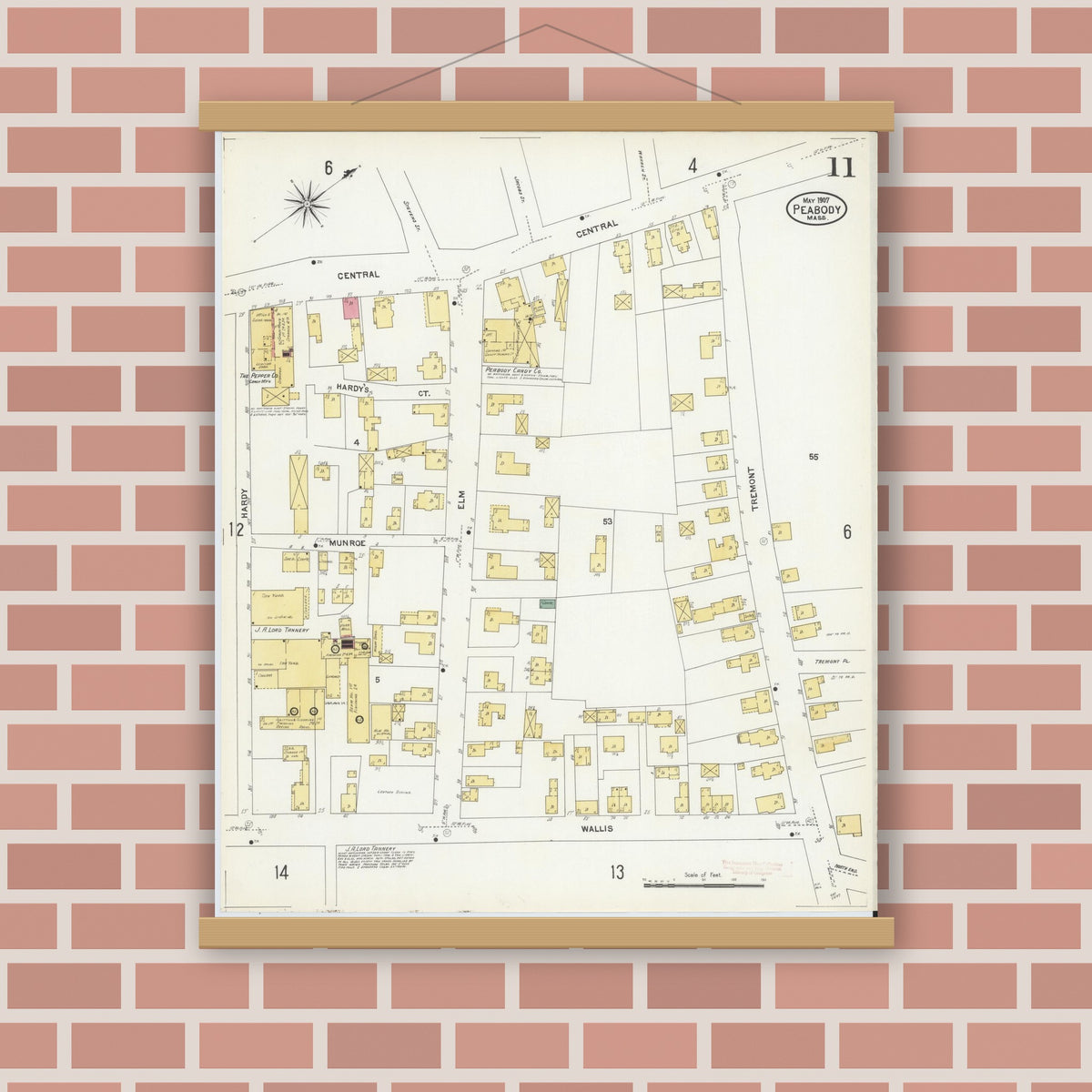 Old map wall art mockup — magnetic wood frame on brick wall — Sanborn Fire Insurance Map from Peabody, Essex County, Massachusetts (1907), Sheet #0011