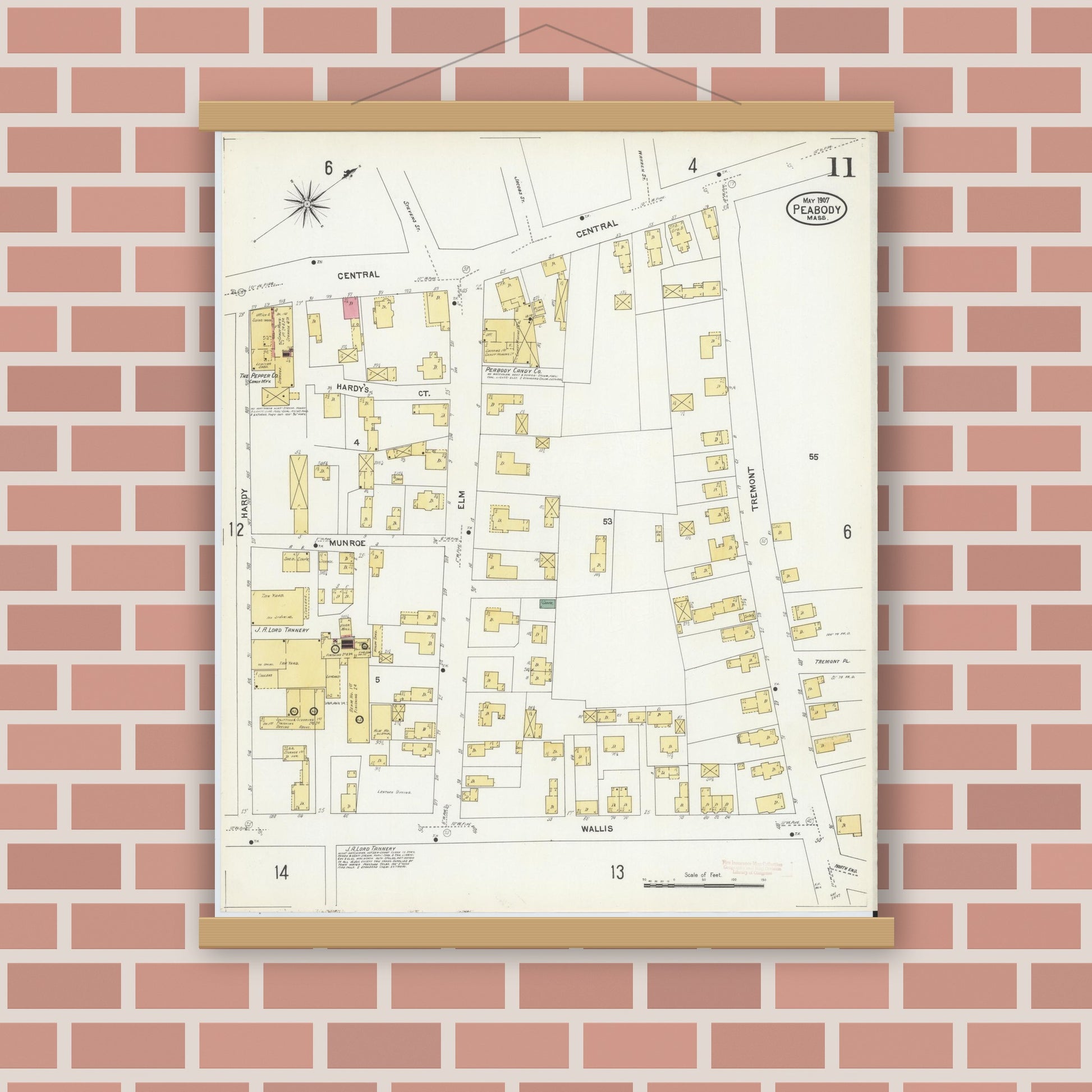 Old map wall art mockup — magnetic wood frame on brick wall — Sanborn Fire Insurance Map from Peabody, Essex County, Massachusetts (1907), Sheet #0011