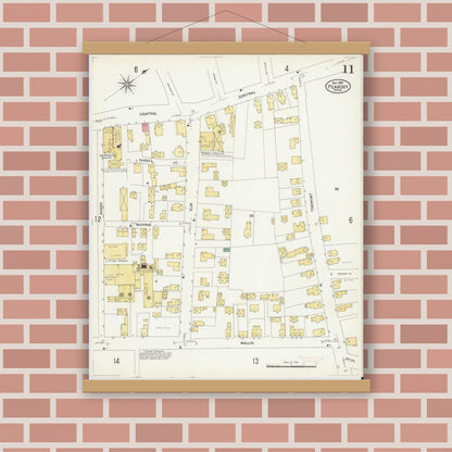 Old map wall art mockup — magnetic wood frame on brick wall — Sanborn Fire Insurance Map from Peabody, Essex County, Massachusetts (1907), Sheet #0011