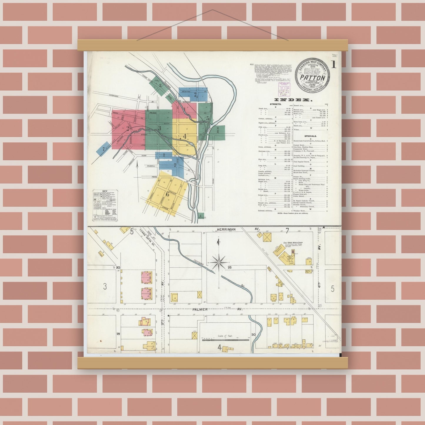 Old map wall art mockup — magnetic wood frame on brick wall — Sanborn Fire Insurance Map from Patton, Cambria County, Pennsylvania (1903) - Complete Map Set