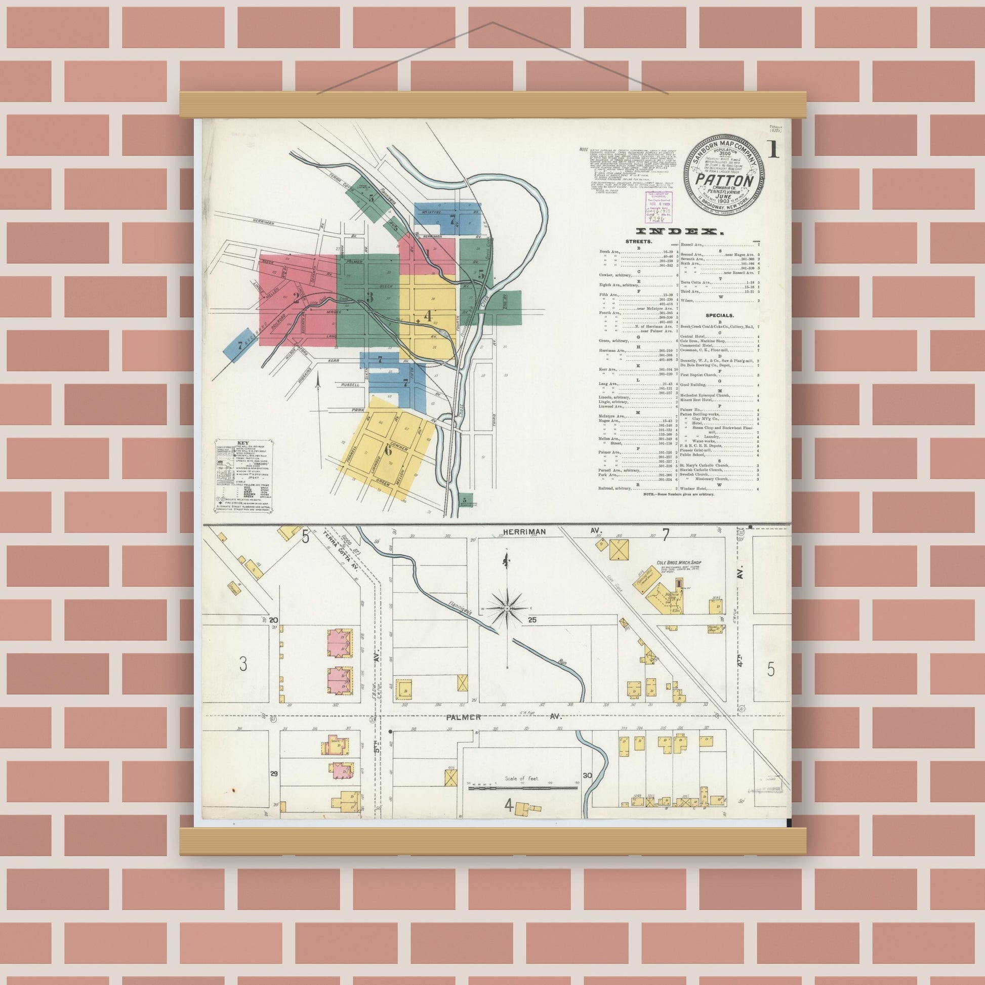 Old map wall art mockup — magnetic wood frame on brick wall — Sanborn Fire Insurance Map from Patton, Cambria County, Pennsylvania (1903) - Complete Map Set
