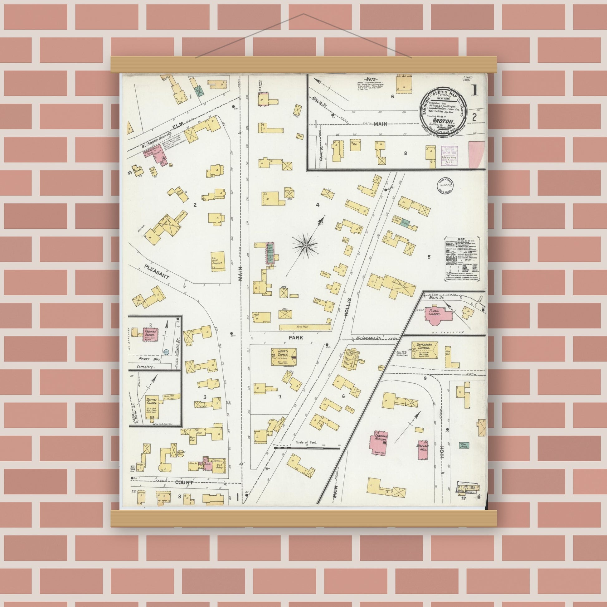 Old map wall art mockup — magnetic wood frame on brick wall — Sanborn Fire Insurance Map from Groton, Middlesex County, Massachusetts (1901) - Complete Map Set