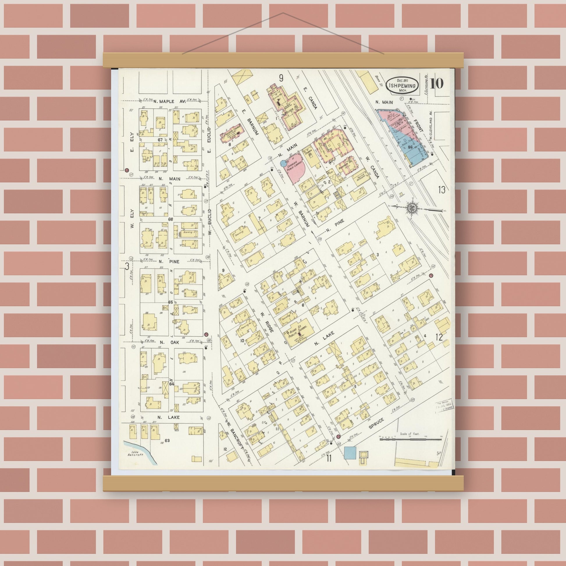 Old map wall art mockup — magnetic wood frame on brick wall — Sanborn Fire Insurance Map from Ishpeming, Marquette County, Michigan (1911), Sheet #0010