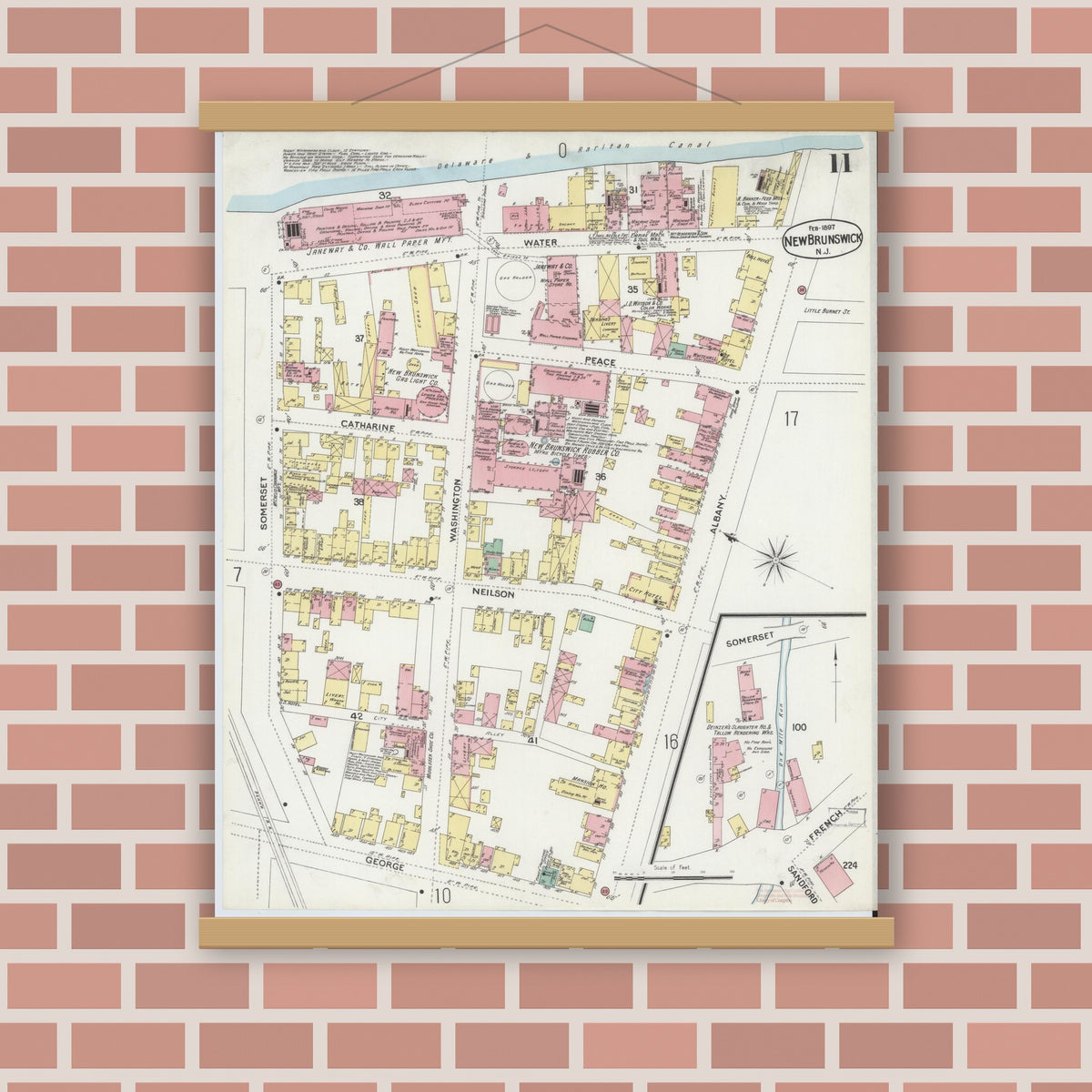 Old map wall art mockup — magnetic wood frame on brick wall — Sanborn Fire Insurance Map from New Brunswick, Middlesex County, New Jersey (1897), Sheet #0011