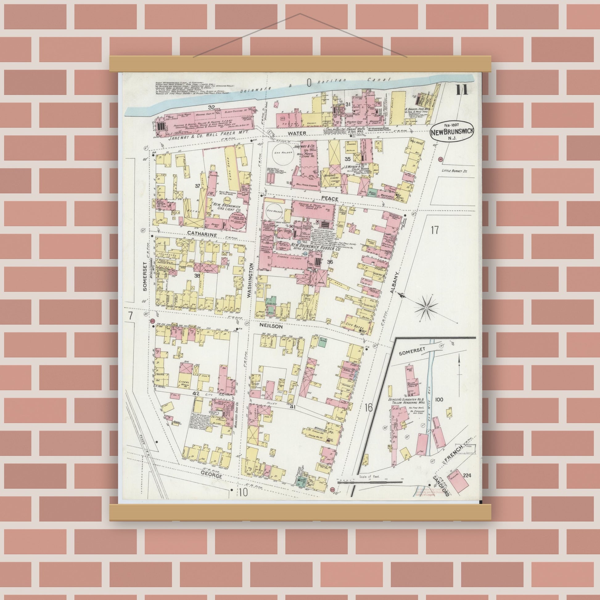 Old map wall art mockup — magnetic wood frame on brick wall — Sanborn Fire Insurance Map from New Brunswick, Middlesex County, New Jersey (1897), Sheet #0011