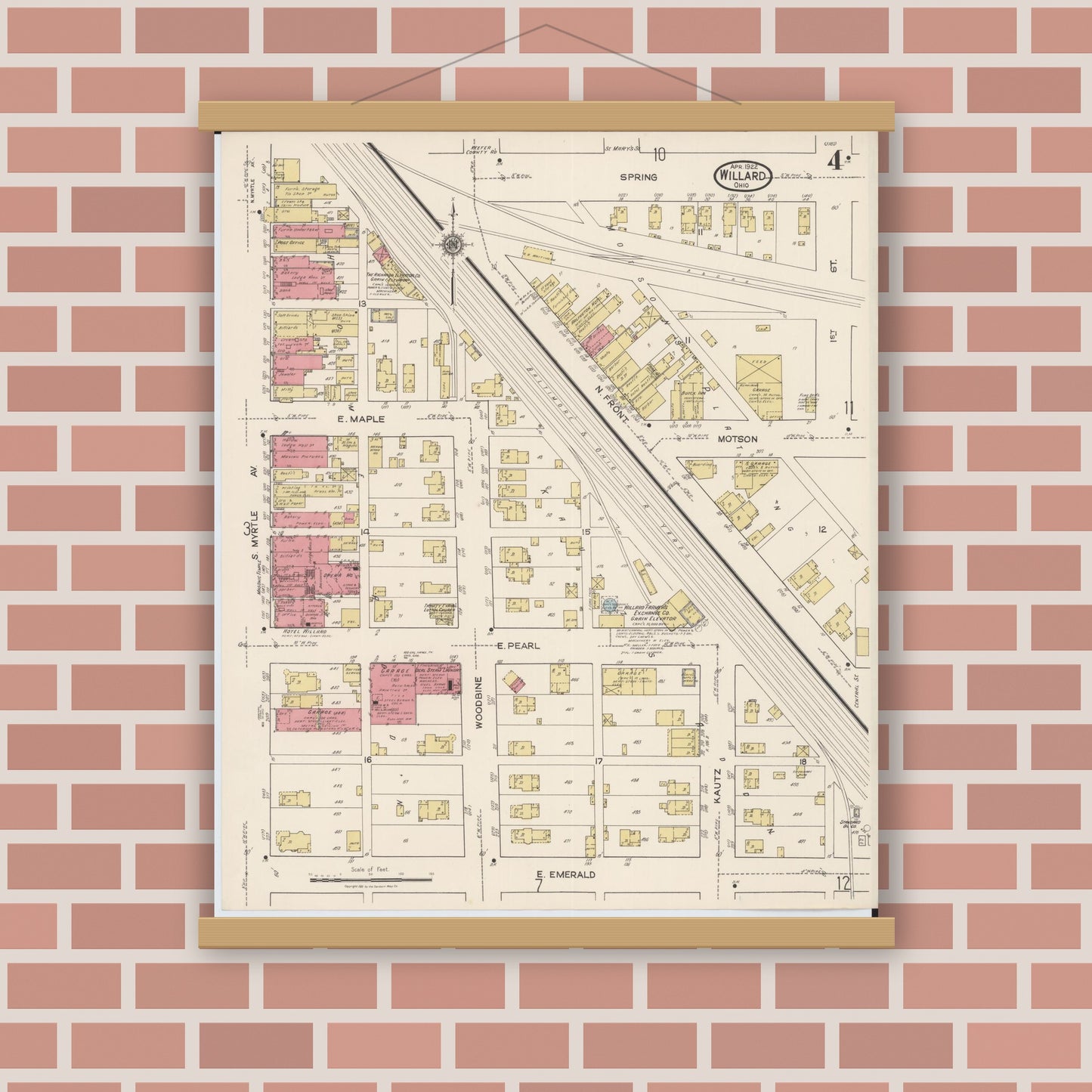 Old map wall art mockup — magnetic wood frame on brick wall — Sanborn Fire Insurance Map from Willard, Huron County, Ohio (1922), Sheet #0004