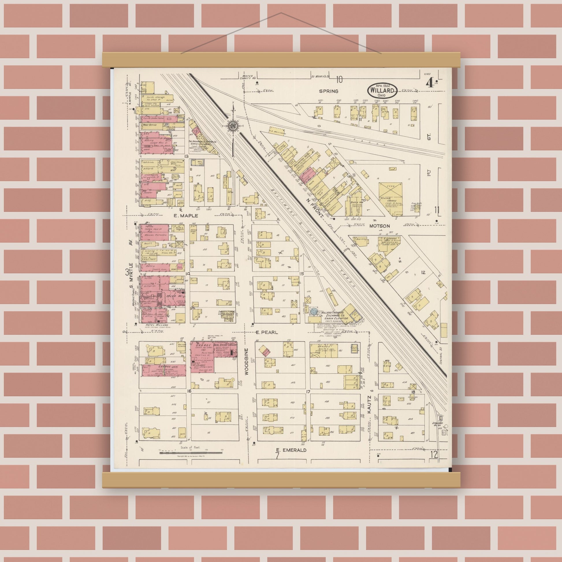 Old map wall art mockup — magnetic wood frame on brick wall — Sanborn Fire Insurance Map from Willard, Huron County, Ohio (1922), Sheet #0004