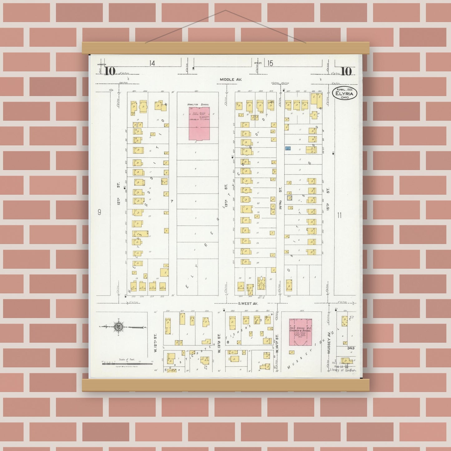 Old map wall art mockup — magnetic wood frame on brick wall — Sanborn Fire Insurance Map from Elyria, Lorain County, Ohio (1925), Sheet #0010