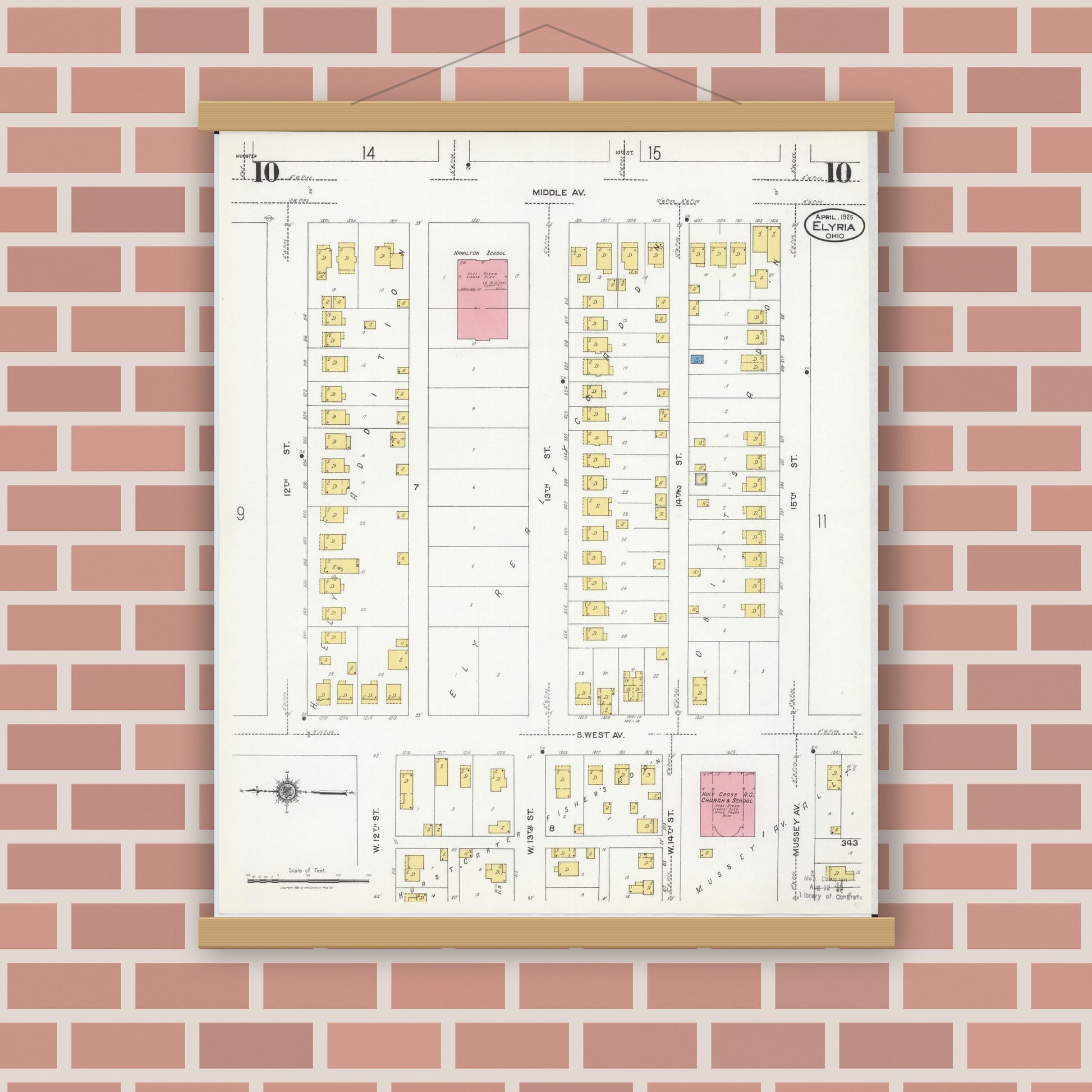 Old map wall art mockup — magnetic wood frame on brick wall — Sanborn Fire Insurance Map from Elyria, Lorain County, Ohio (1925), Sheet #0010
