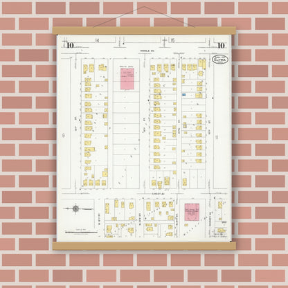 Old map wall art mockup — magnetic wood frame on brick wall — Sanborn Fire Insurance Map from Elyria, Lorain County, Ohio (1925), Sheet #0010